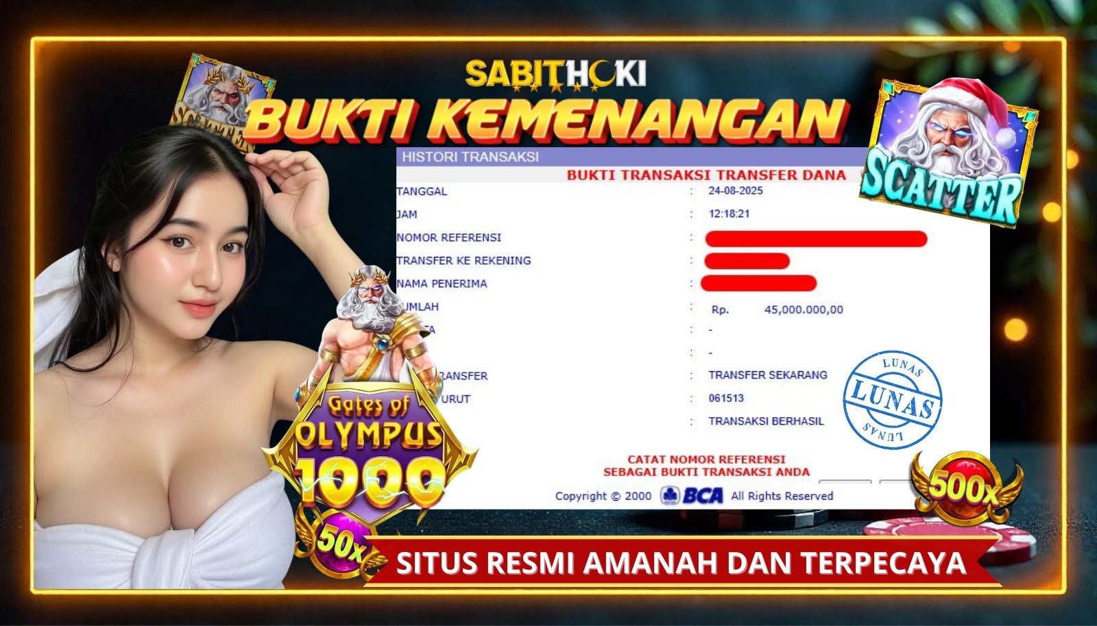 SELAMAT KEPADA MEMBER SETIA SABITHOKI BERHASIL JACKPOT DI PERMAINAN SLOT GATES OF OLYMPUS X1000